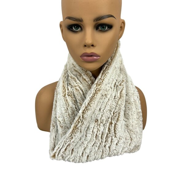 Faux Fur Infinity Scarf Beige White Soft Cozy Neck Warmer Womens Accessory - Picture 1 of 4